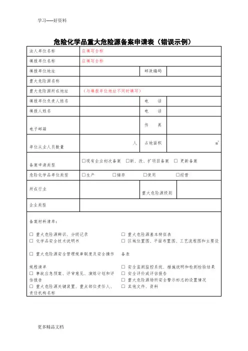 危险化学品重大危险源备案申请表错误示例教学内容