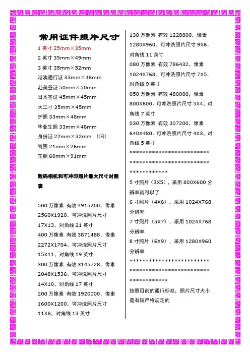 照片尺寸表