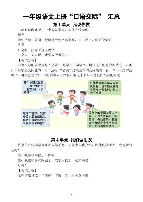 小学语文部编版一年级上册“口语交际” 汇总及范文示例