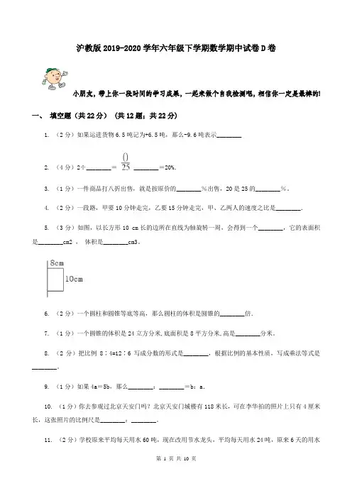 沪教版2019-2020学年六年级下学期数学期中试卷D卷