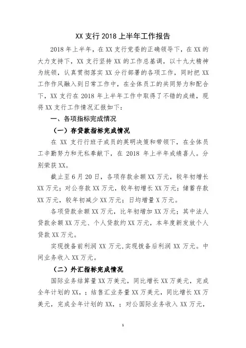 XX支行2018上半年工作报告