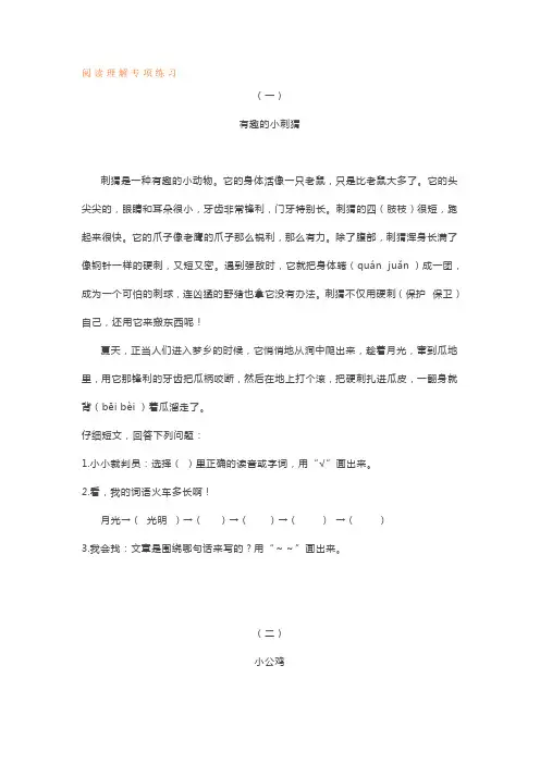 二年级语文下册 阅读理解专项练习及答案