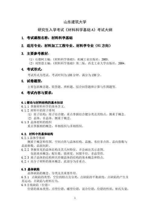 山东建筑大学材料科学基础A2020年考研专业课初试大纲