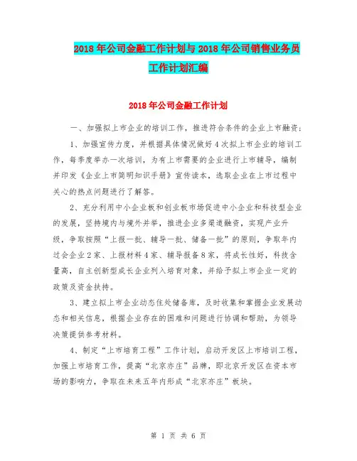 2018年公司金融工作计划与2018年公司销售业务员工作计划汇编.doc