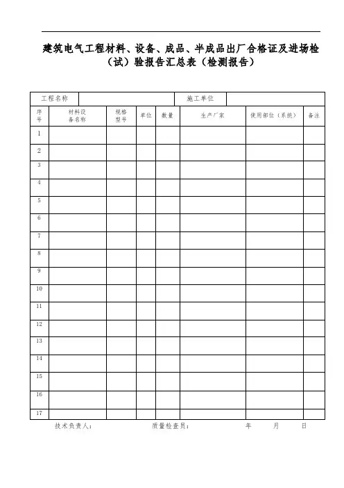 建筑电气工程材料、设备、成品、半成品出厂合格证及进场检(试)验报告汇总表(检测报告)