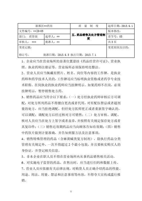 药店药品销售及处方管理制度