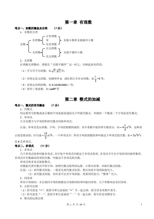 2015年初中数学知识点中考总复习总结归纳