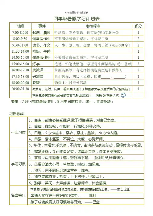 四年级暑假学习计划表