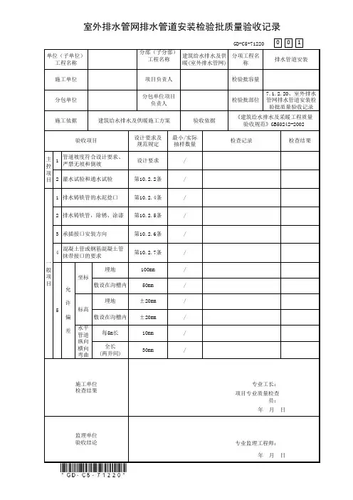 7.1.2.20、室外排水管网排水管道安装检验批质量验收记录