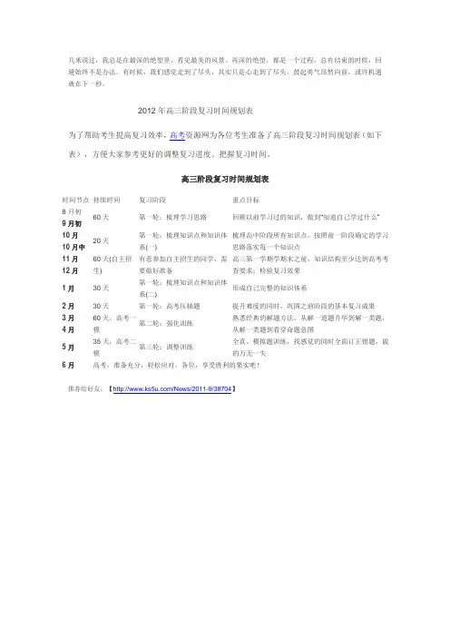 2012年高三阶段复习时间规划表