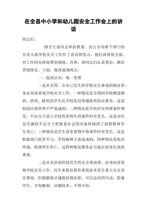 在全县中小学和幼儿园安全工作会上的讲话