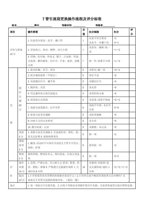 T管引流袋更换操作流程及评分标准