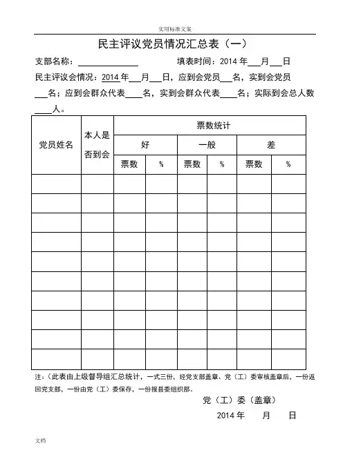 民主评议党员测评表汇总情况表及填表说明书