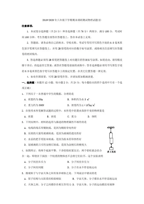 2019-2020年八年级下学期期末调研测试物理试题(I)