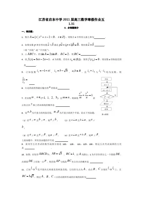 江苏省启东中学2011届高三数学寒假作业五