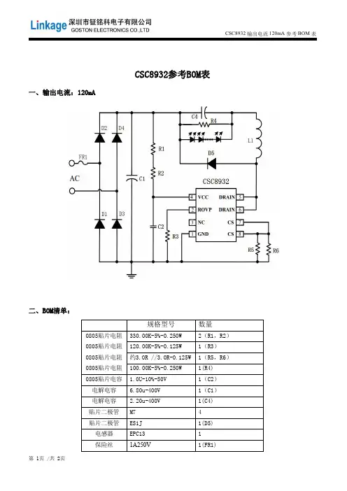 CSC8932 120mA非隔离降压型LED恒流驱动芯片方案BOM