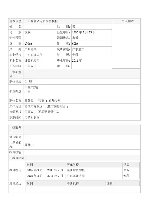 市场营销专员简历模板
