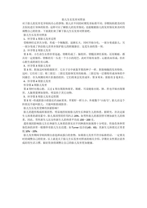 胎儿生长发育对照表