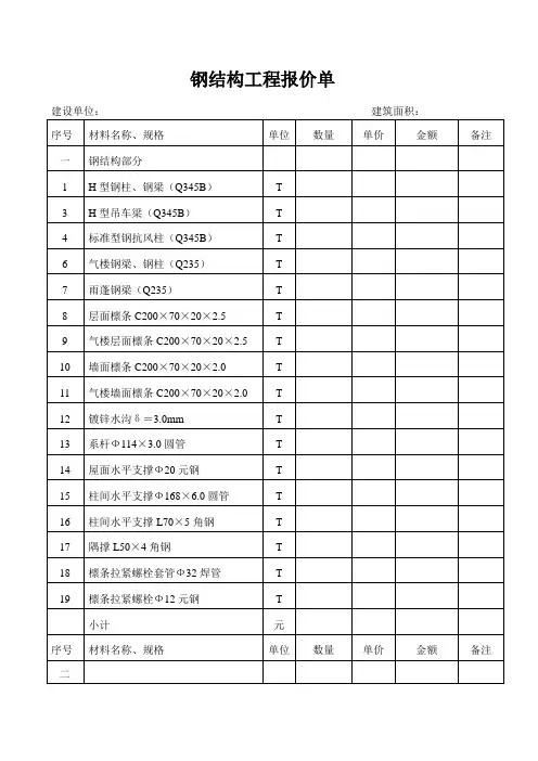 钢结构工程报价范本