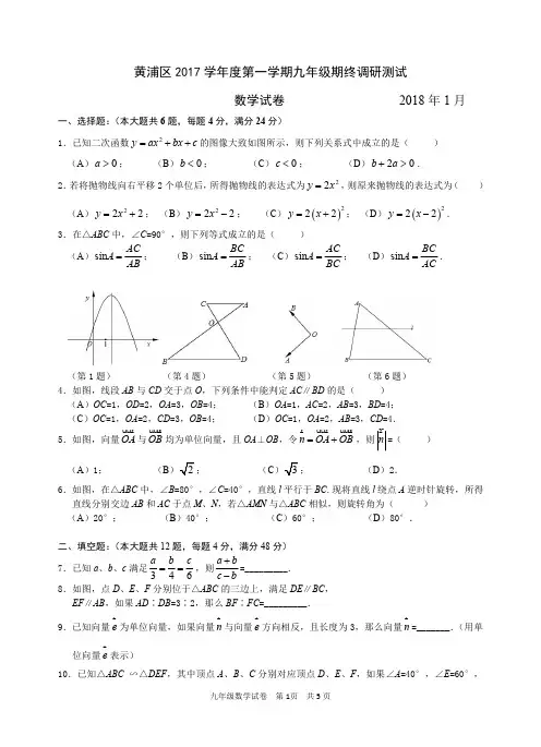 2018黄浦区初三数学一模试卷