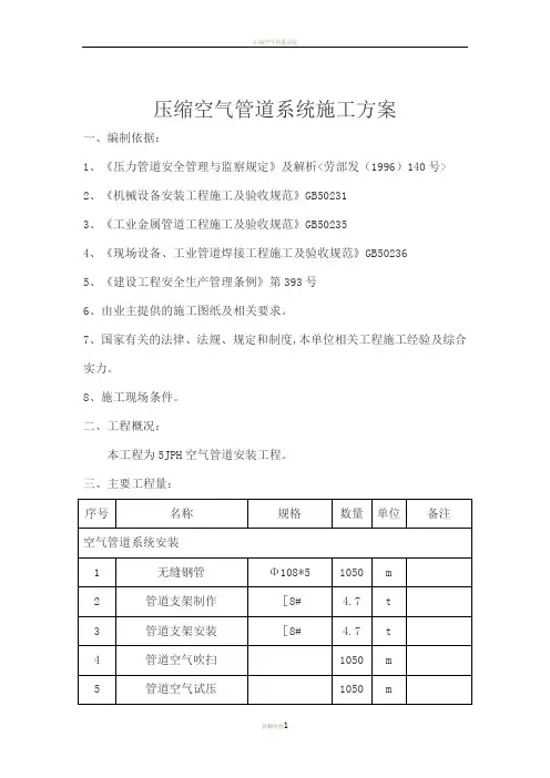 压缩空气管道系统施工方案