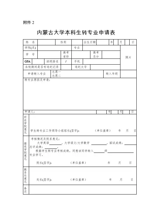 内蒙古大学本科生转专业申请表