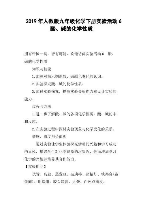 2019年人教版九年级化学下册实验活动6  酸、碱的化学性质