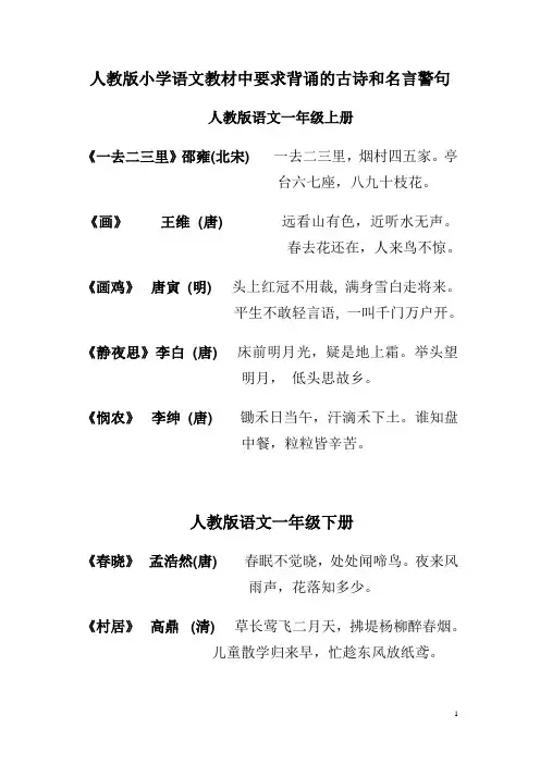 人教版小学语文教材中要求背诵的古诗和名言警句