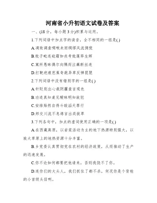 河南省小升初语文试卷及答案