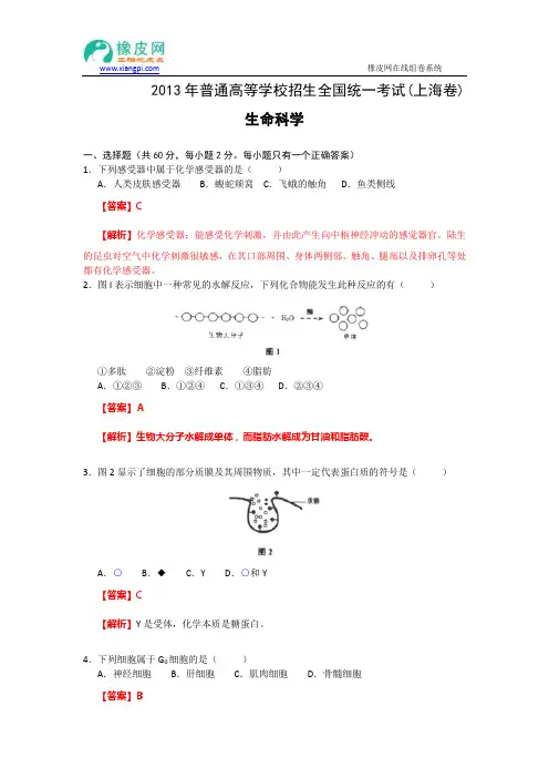2013年高考真题----生物(上海卷)解析版 Word版含解析