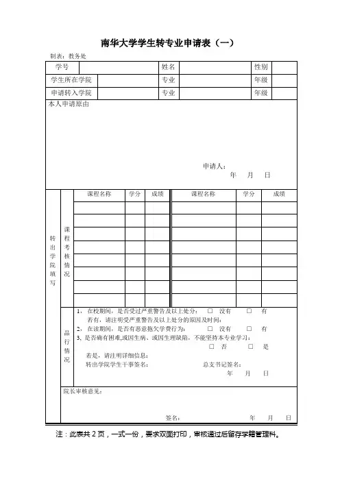 南华大学学生转专业申请表(一)