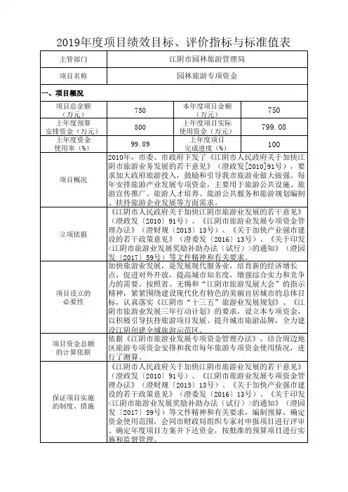 2019年度项目绩效目标、评价指标与标准值表