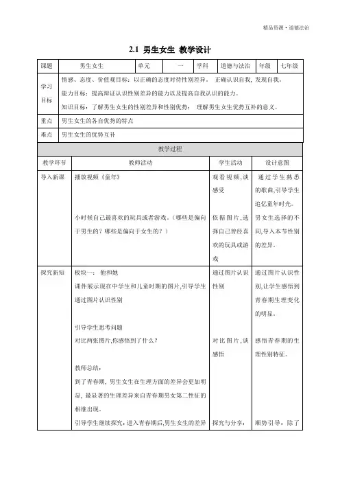 2019-2020年七年级道德与法治下册同步教学：男生女生(部编版)