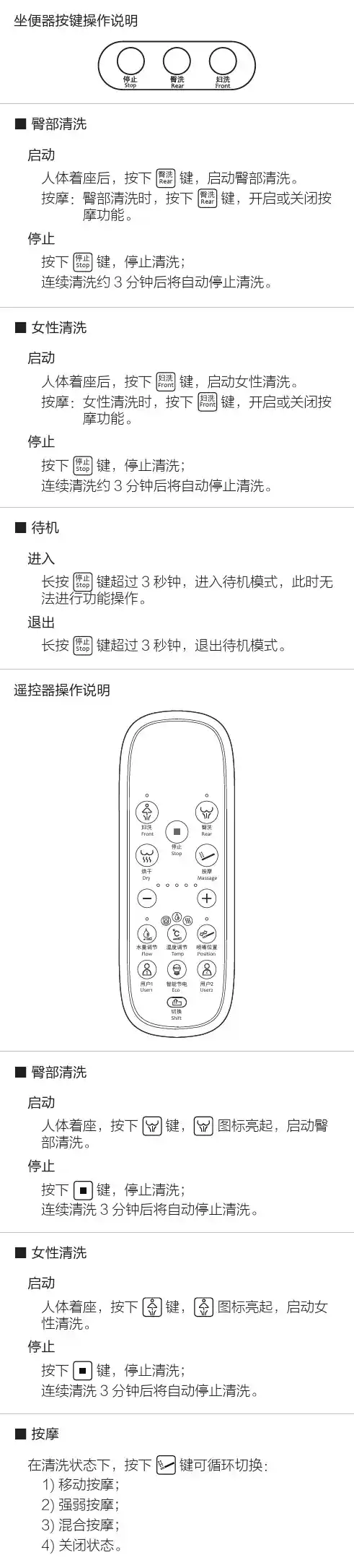 坐便器按键操作说明臀部清洗启动人体着座后-AXENT