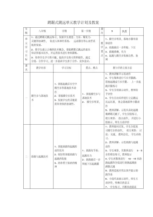 蹲踞式跳远单元教学计划及教案