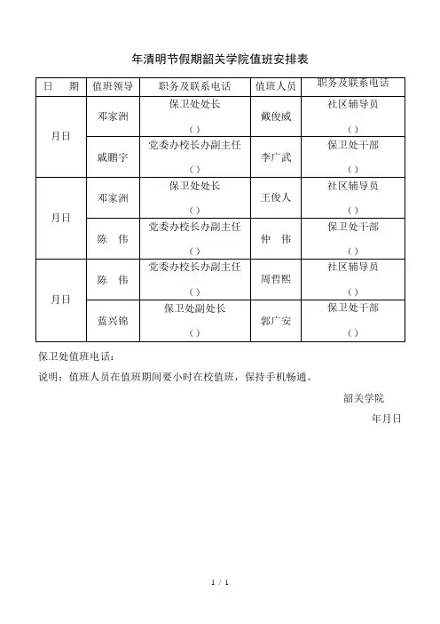 2018年清明节假期韶关学院值班安排表