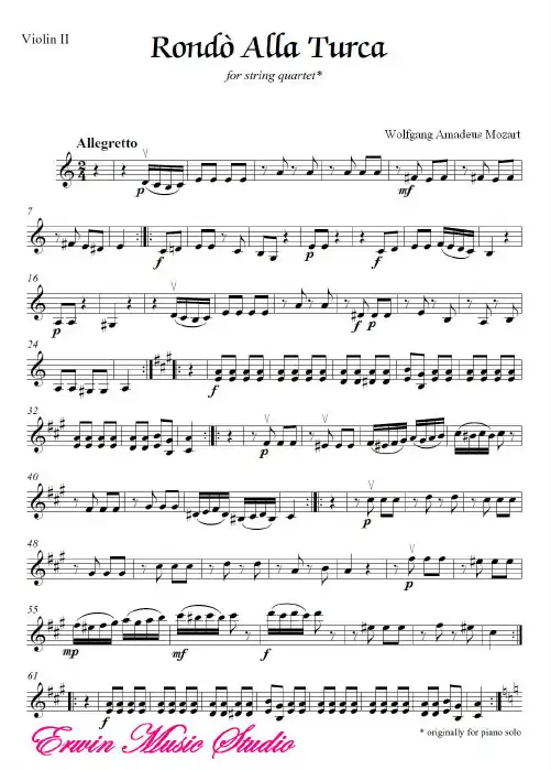 ViolinII沃尔夫冈·阿马多伊斯·莫扎特《土耳其进行曲》弦乐四重奏总谱 分谱WolfgangAmadeusMozart,String