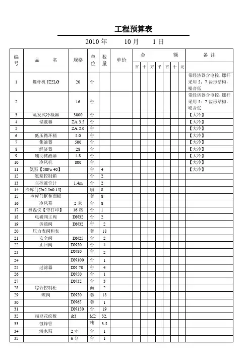 冷库工程预算表