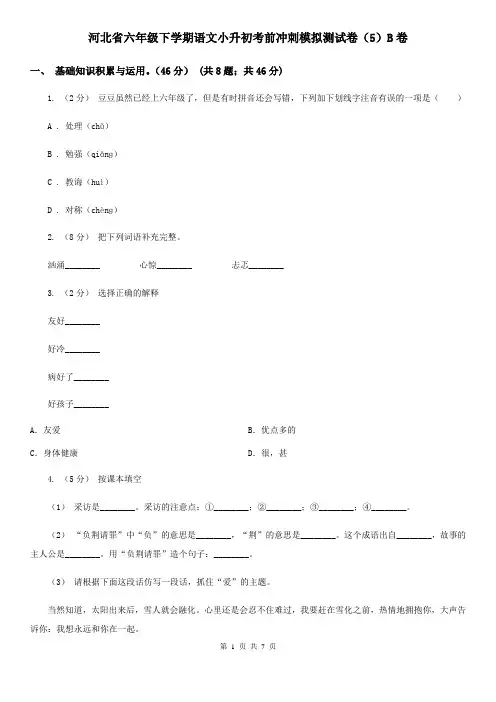 河北省六年级下学期语文小升初考前冲刺模拟测试卷(5)B卷