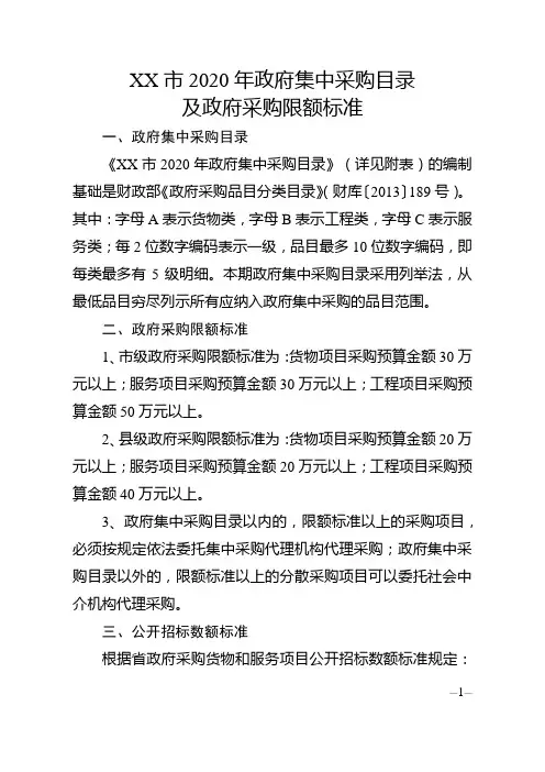 市2020年政府集中采购目录及政府采购限额标准【模板】
