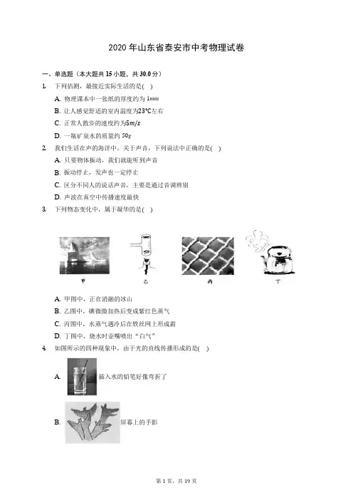 2020年山东省泰安市中考物理试卷 (含答案解析)