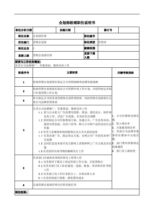 营销企划部-企划部经理岗位说明书-BD