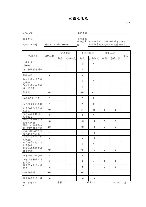 试验汇总表