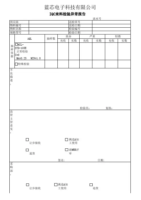 IQC来料检验异常报告