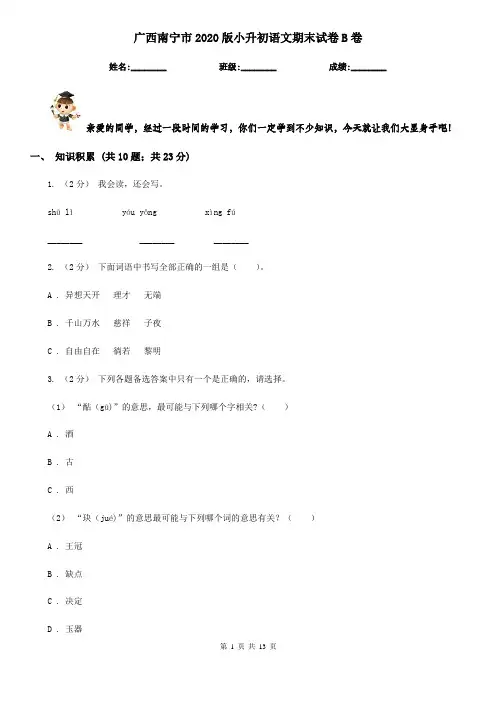 广西南宁市2020版小升初语文期末试卷B卷(考试)