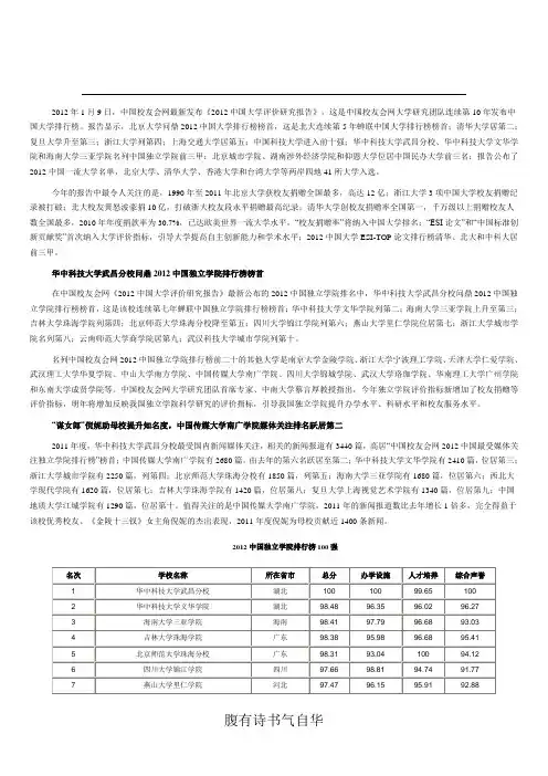 2012中国独立学院排行榜100强