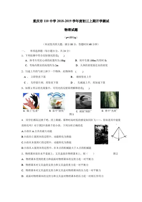 校2019届九年级上学期入学考试物理试题(附答案) (1)