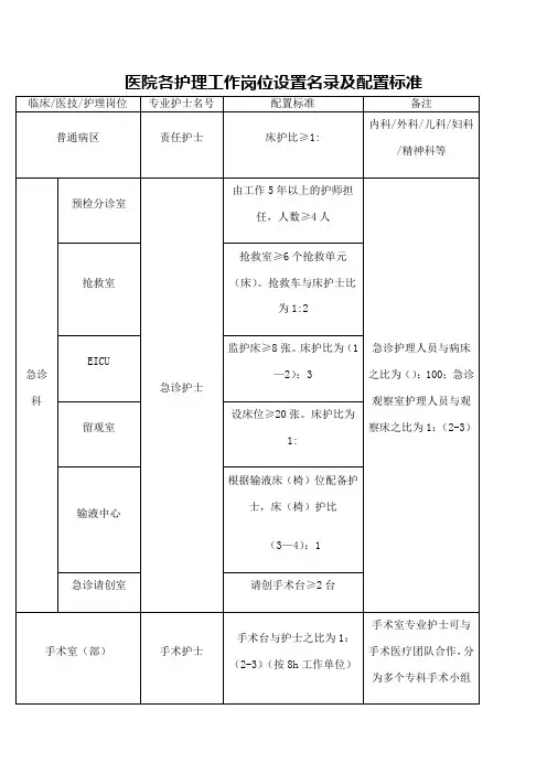 护理工作岗位设置名录及配置标准