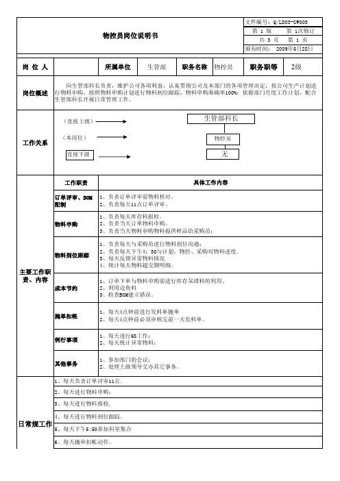 物控员岗位说明书