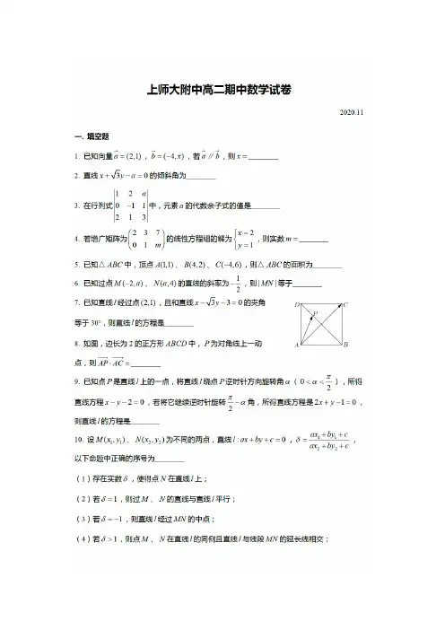 上海市上海师范大学附属中学2020-2021学年高二上学期期中考试数学试题 PDF版含答案